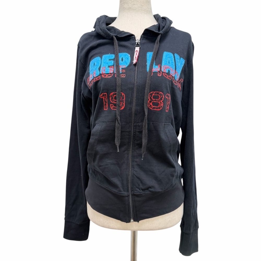 Replay Zip Up Logo Black Vintage Sweatshirt Size Medium